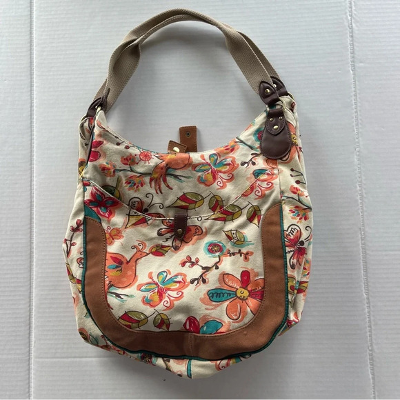 Lucky Brand Large Floral Bird Canvas Hobo Bag Tote Purse Bright Colorful VGUC - Picture 13 of 16